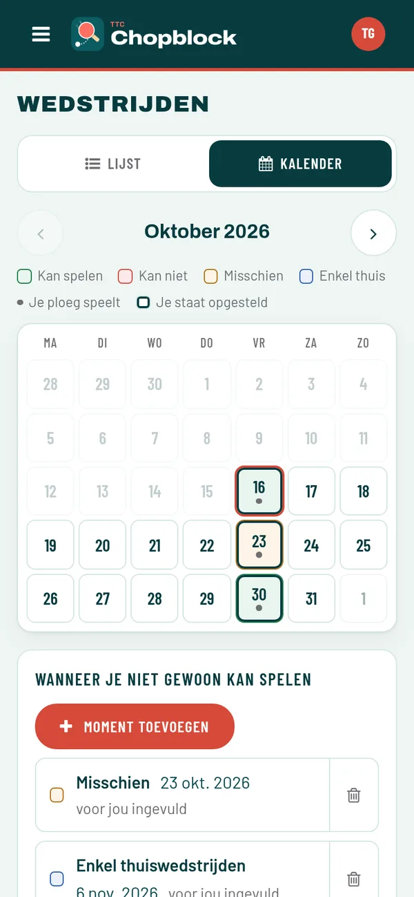 Kalender van een speler met de wedstrijddagen van zijn ploeg en zijn beschikbaarheid per dag.