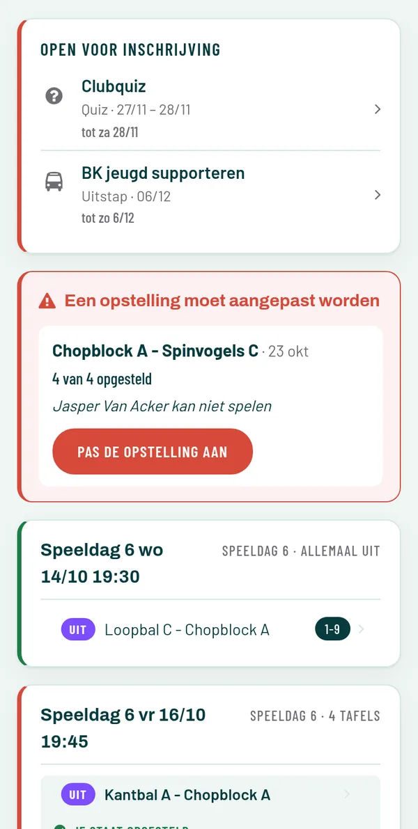Melding voor de kapitein: Chopblock A tegen Spinvogels C, Jasper Van Acker kan niet spelen, knop Pas de opstelling aan.