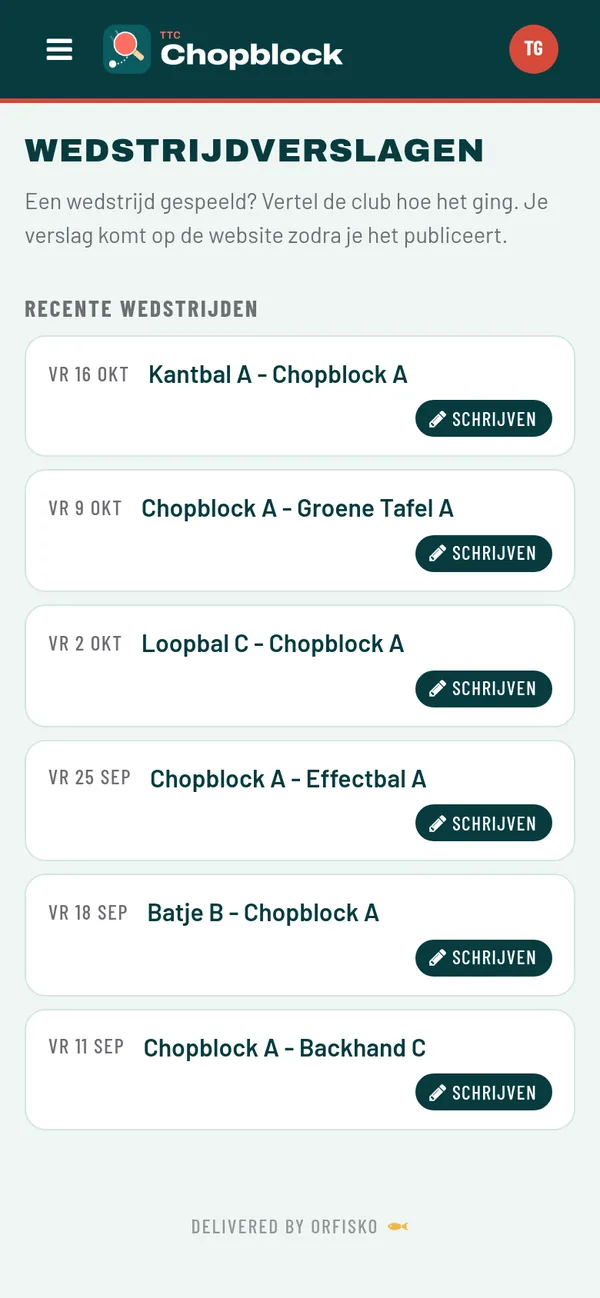 Wedstrijdverslagen in de app: per recente wedstrijd een knop Schrijven.
