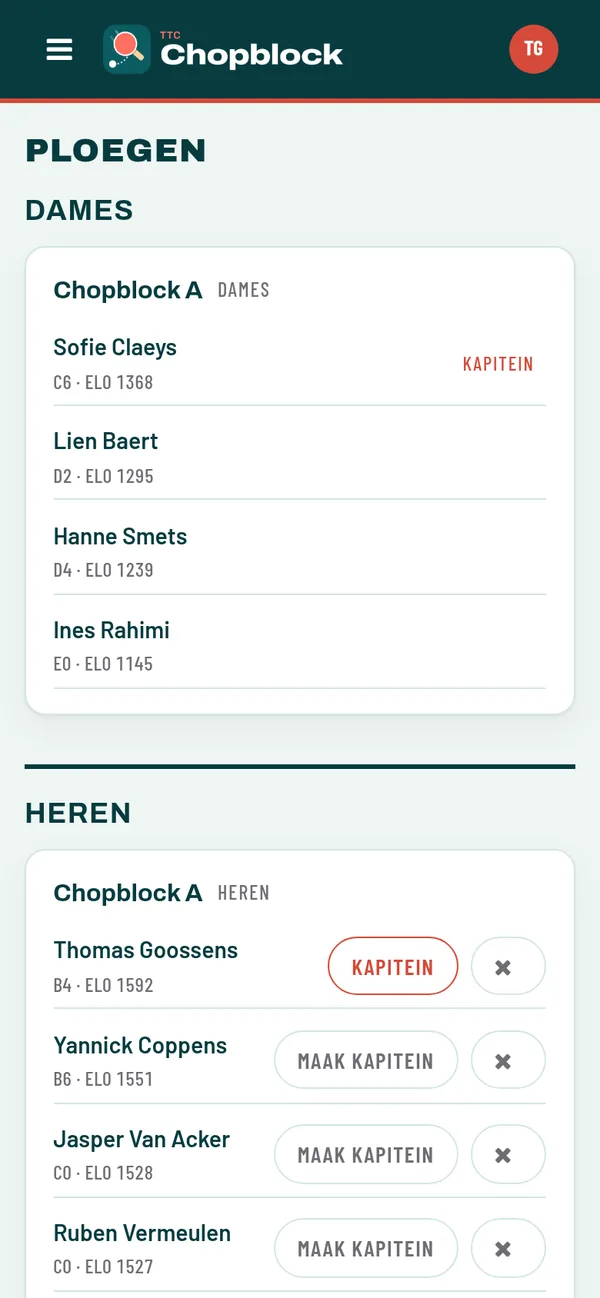 De ploegen van TTC Chopblock in de app, met klassement en ELO van elke speler en wie kapitein is.