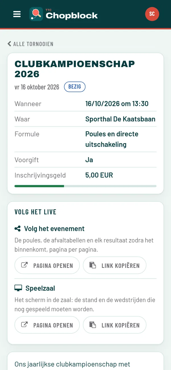 Het toernooi in de ledenapp, met de poules en de knoppen om in te stellen.
