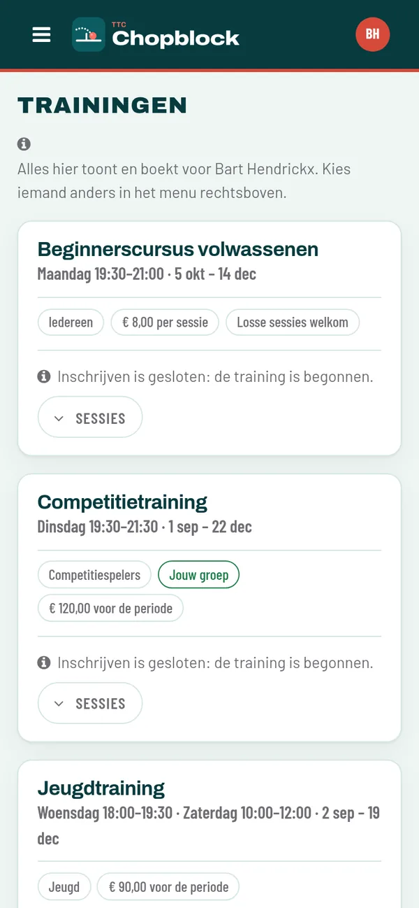 De trainingen zoals een ouder ze ziet: de beginnerscursus voor iedereen aan 8 euro per sessie, de competitietraining voor competitiespelers, de jeugdtraining voor de jeugd.