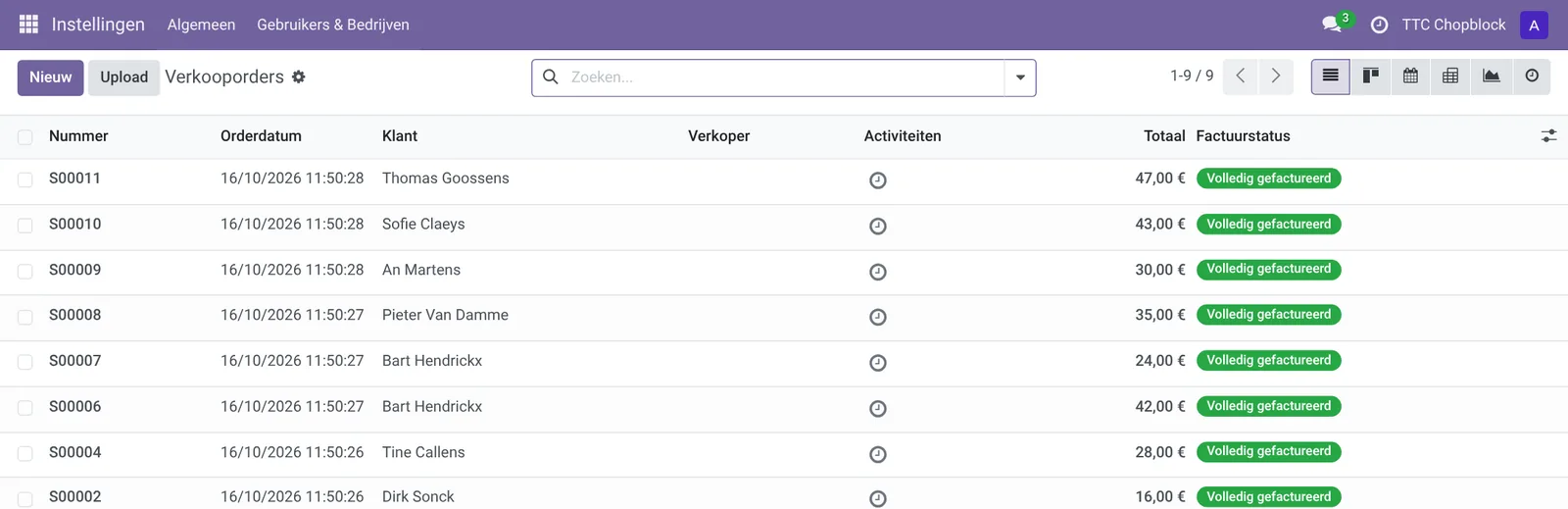 Alle bestellingen uit de webshop en de ledenapp in de webinterface, met hun factuurstatus.