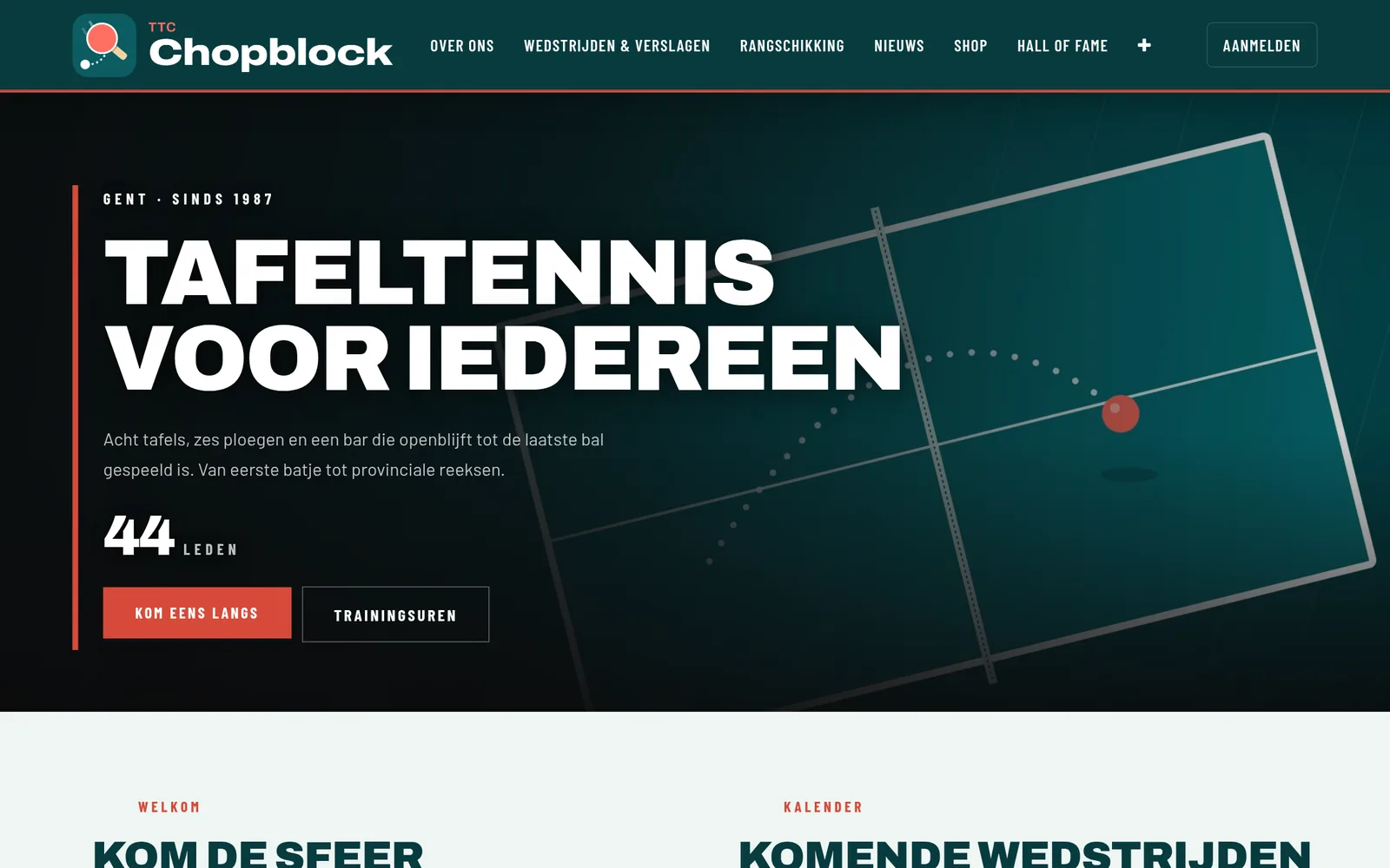 De website van TTC Chopblock in teal en koraal: het laatste nieuws, de wedstrijden van deze week en de ploegen.